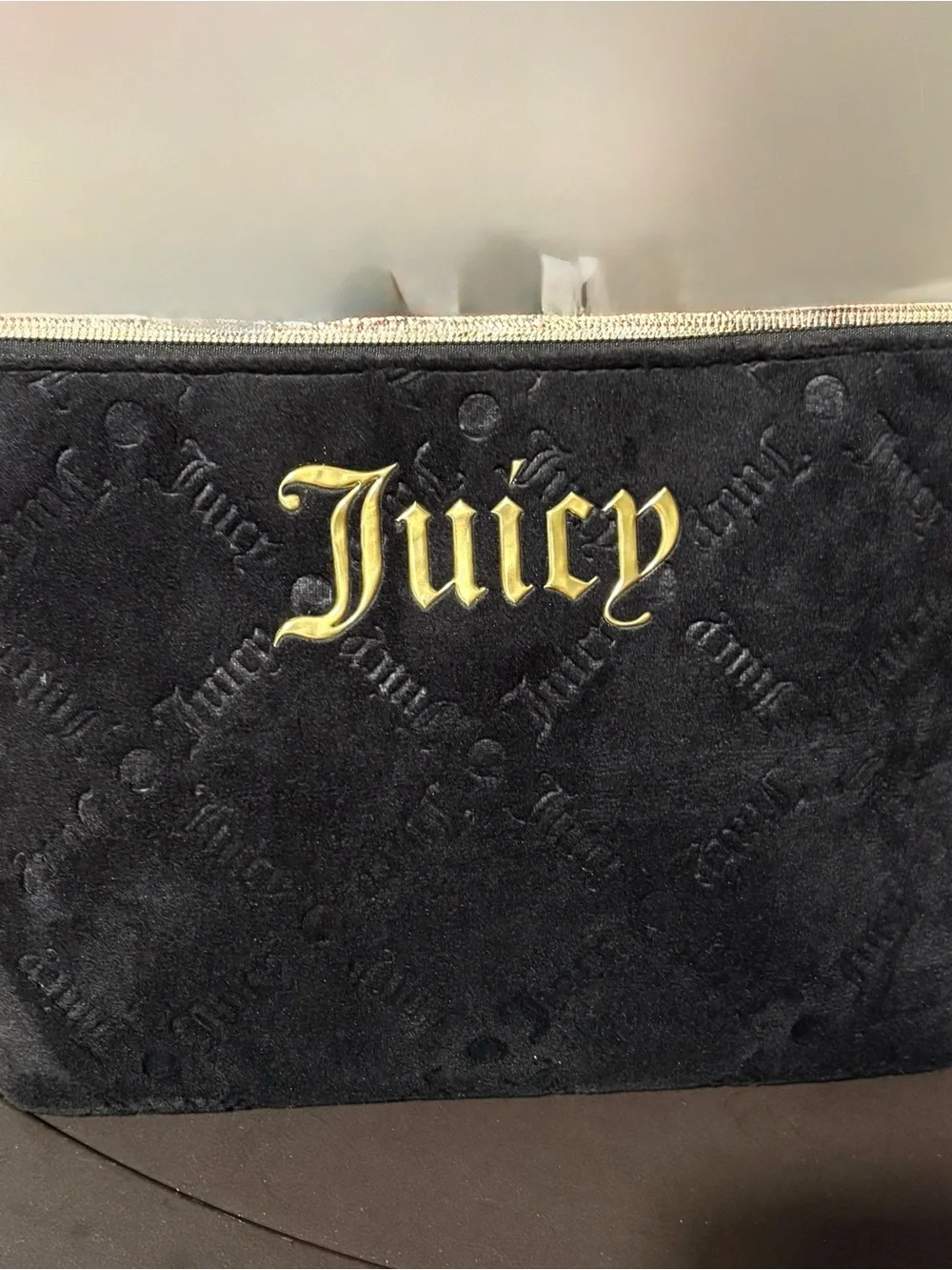 Juicy Couture Black Velvet Cosmetic Pouch with Gold Logo Accent